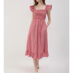 Red Gingham Midi Dress with Ruffle Shoulders